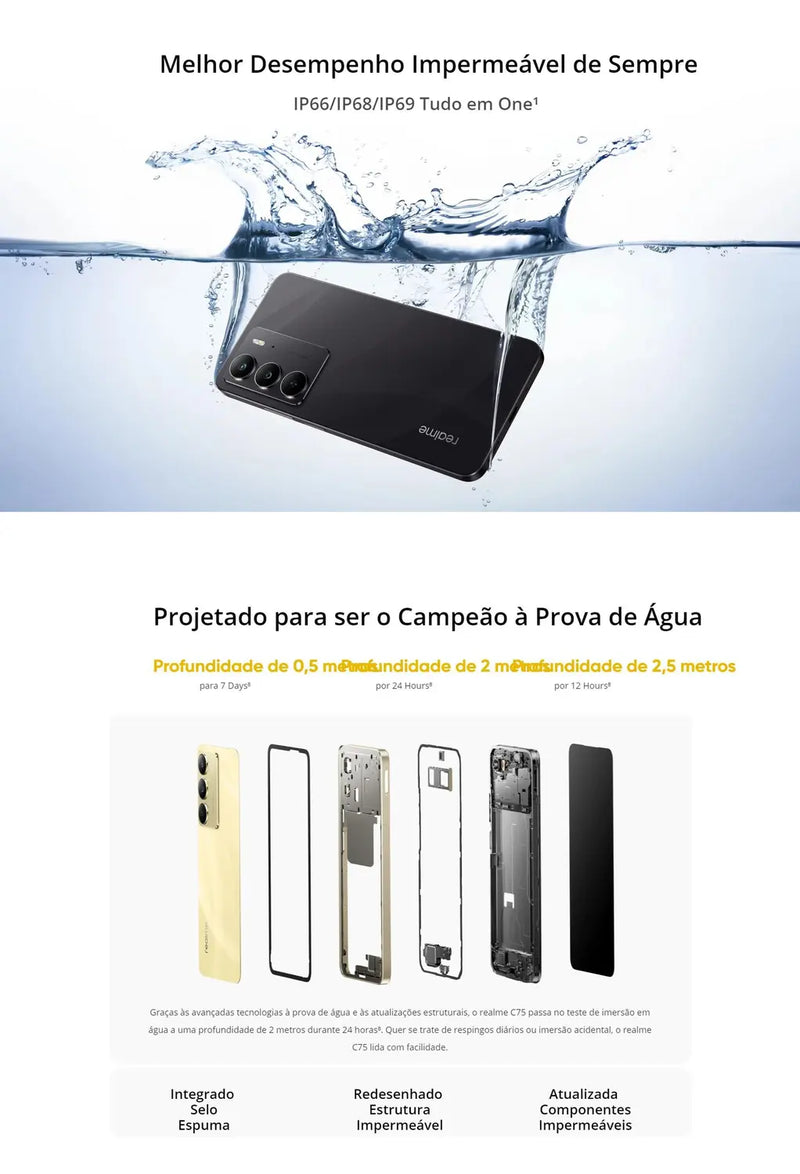 Smartphone Realme C75 256GB 16GB RAM BOOST NFC IP69 Prova dágua 6000mAh Câmera dupla 50MP Celular Resistente e Poderoso com Design Premium Código ccc9884j56Realme